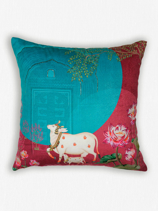 Hand Embroidered Pichwai Cushion Cover with Digital Print | Embellished Velvet 16x16 Inches