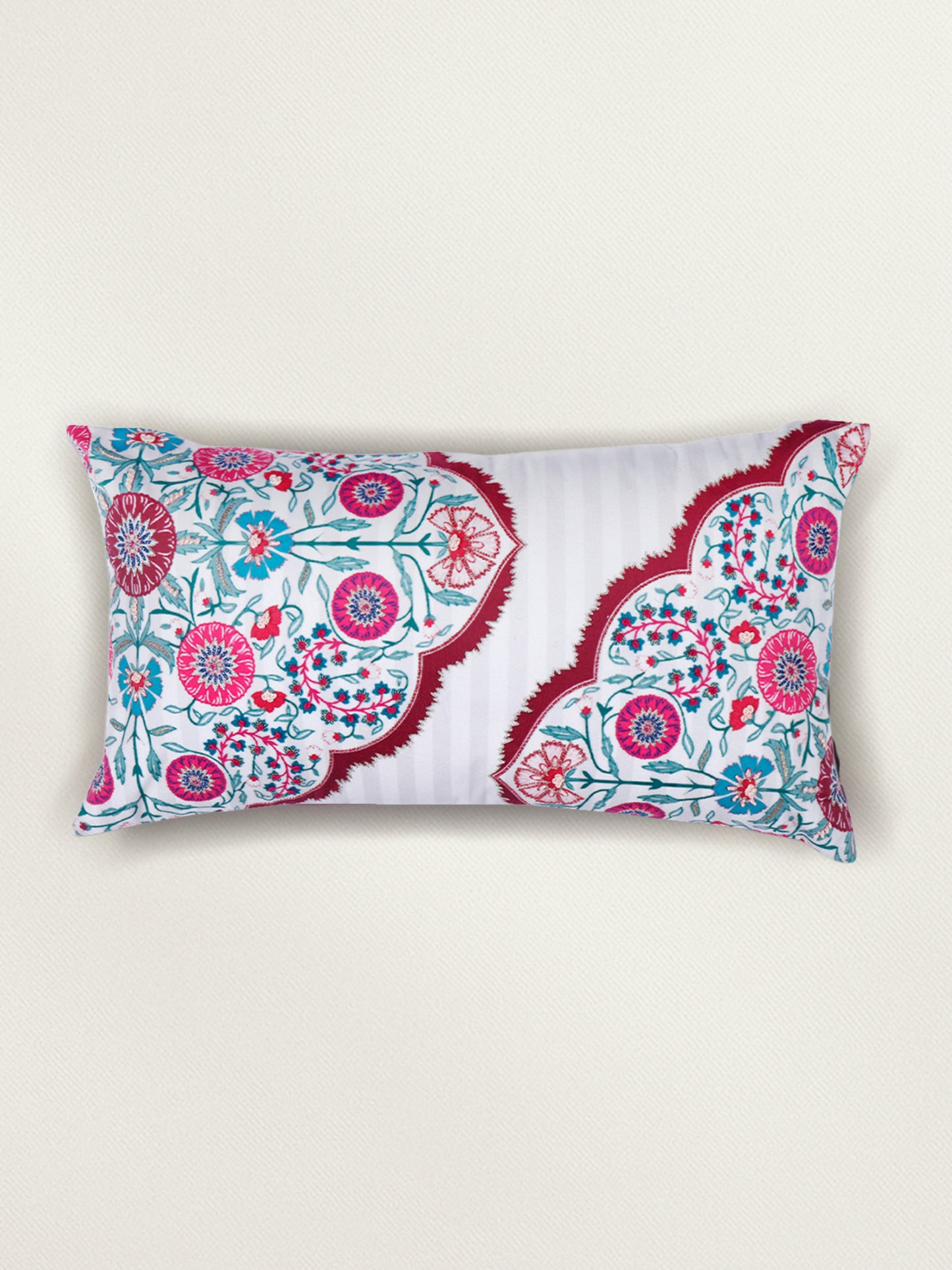 Hand Embroidered Pichwai Cushion Cover with Floral Digital Print | Embellished Velvet 12x22 Inches