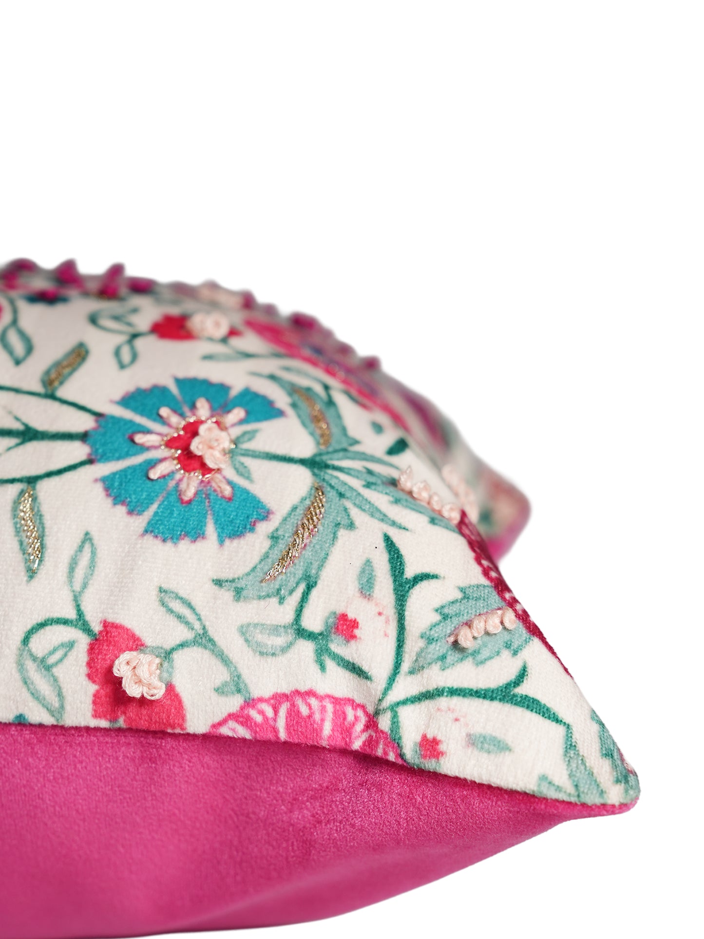 Hand Embroidered Pichwai Cushion Cover with Floral Digital Print | Embellished Velvet 12x22 Inches