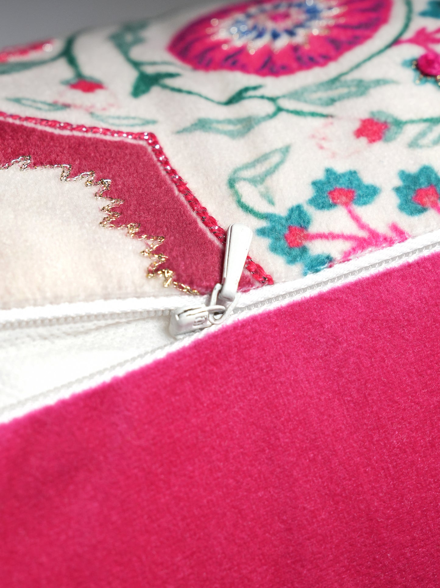 Hand Embroidered Pichwai Cushion Cover with Floral Digital Print | Embellished Velvet 12x22 Inches