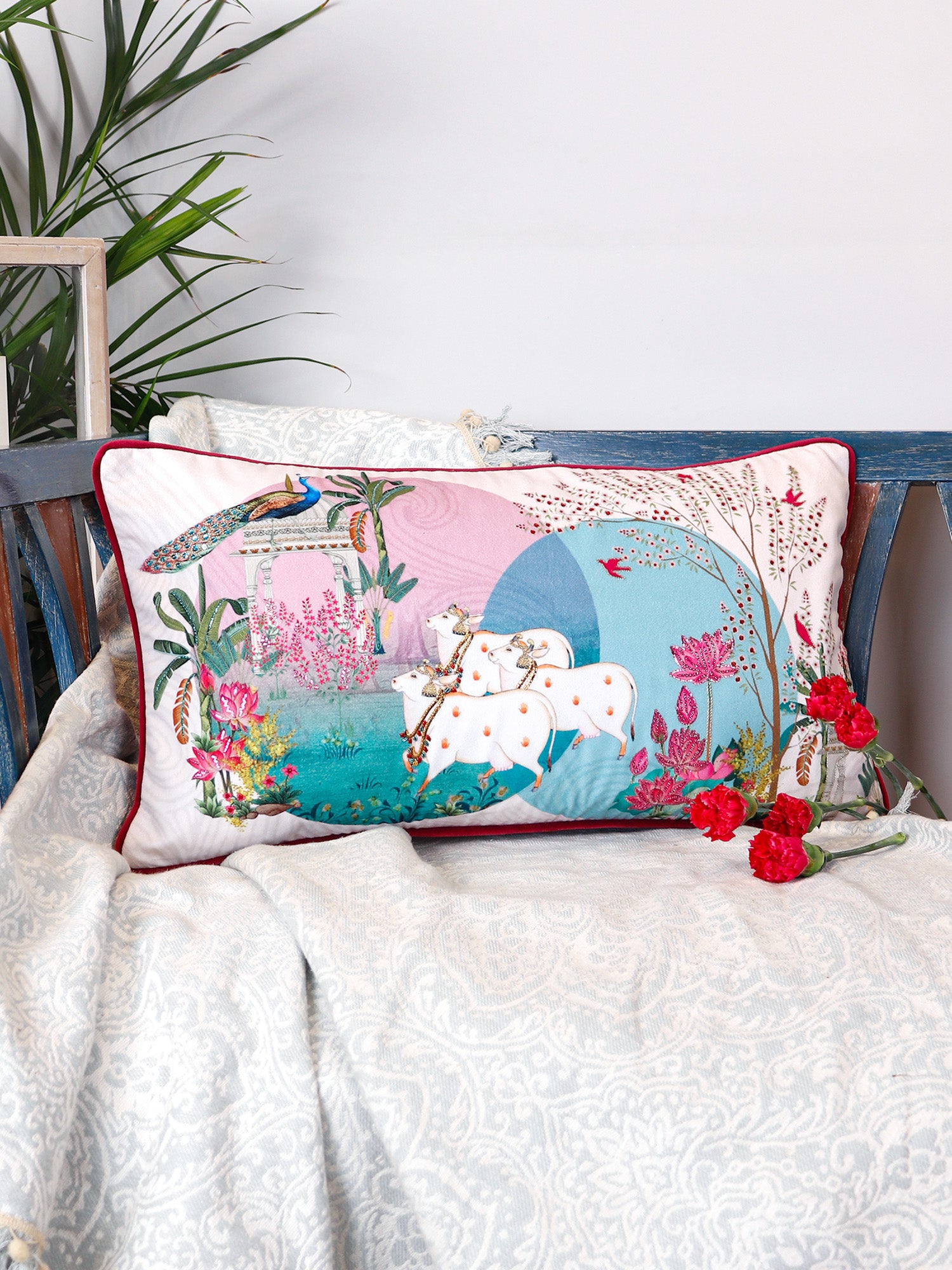 Hand Embroidered Pichwai Cushion Cover with Digital Print | Embellished Velvet 12x22 Inches