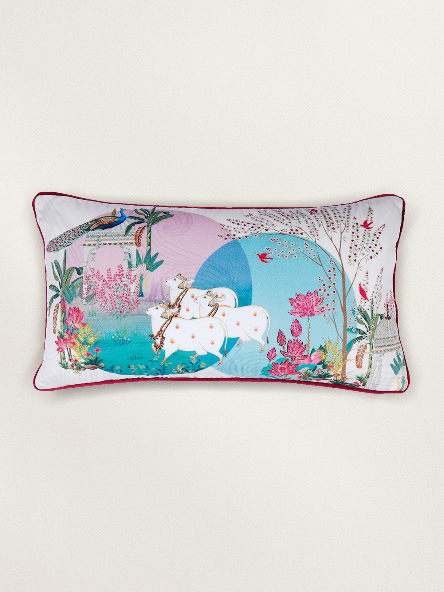 Hand Embroidered Pichwai Cushion Cover with Digital Print | Embellished Velvet 12x22 Inches