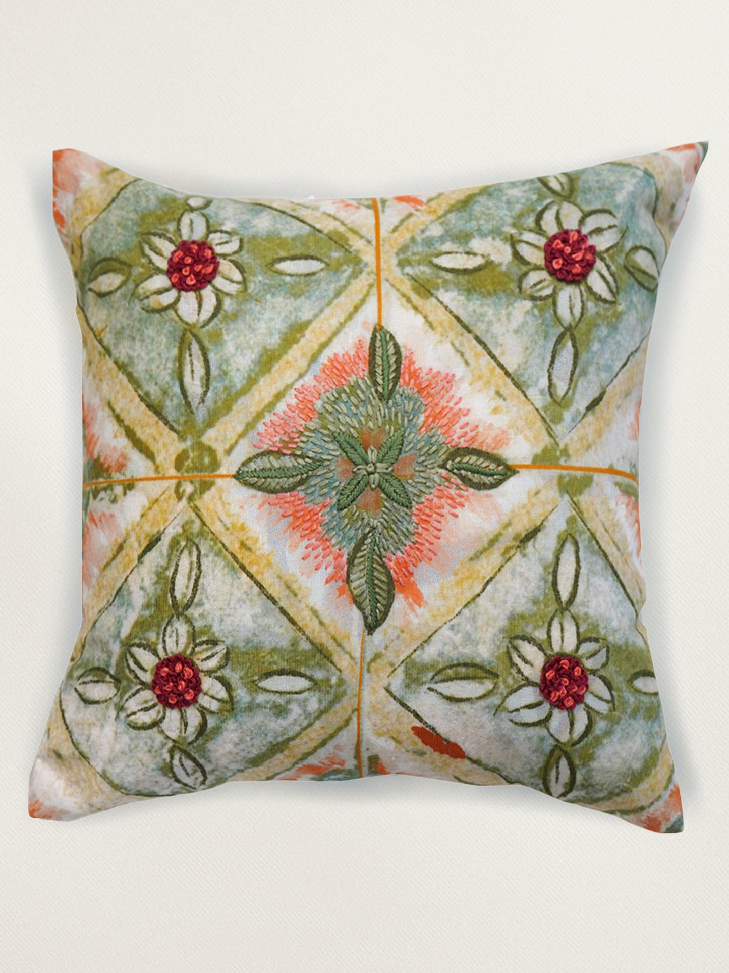 Poyester Blend Cushion Cover – White Linen, Hand Embroidery 12x12 inch Set of 1
