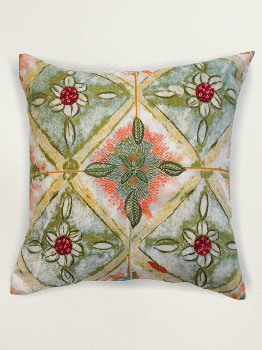 Poyester Blend Cushion Cover – White Linen, Hand Embroidery 12x12 inch Set of 1