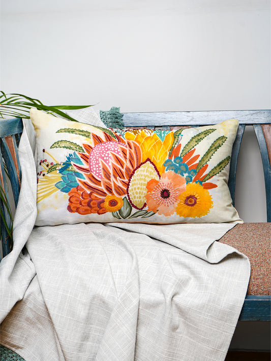 White Linen Cushion Cover – Hand embroidery and digital print, 12x22 inch Set of 1