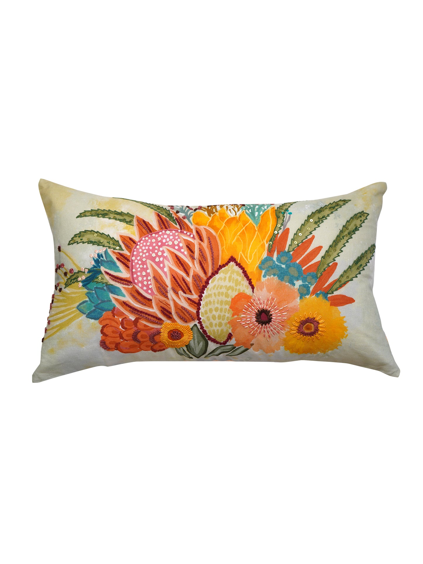 White Linen Cushion Cover – Hand embroidery and digital print, 12x22 inch Set of 1