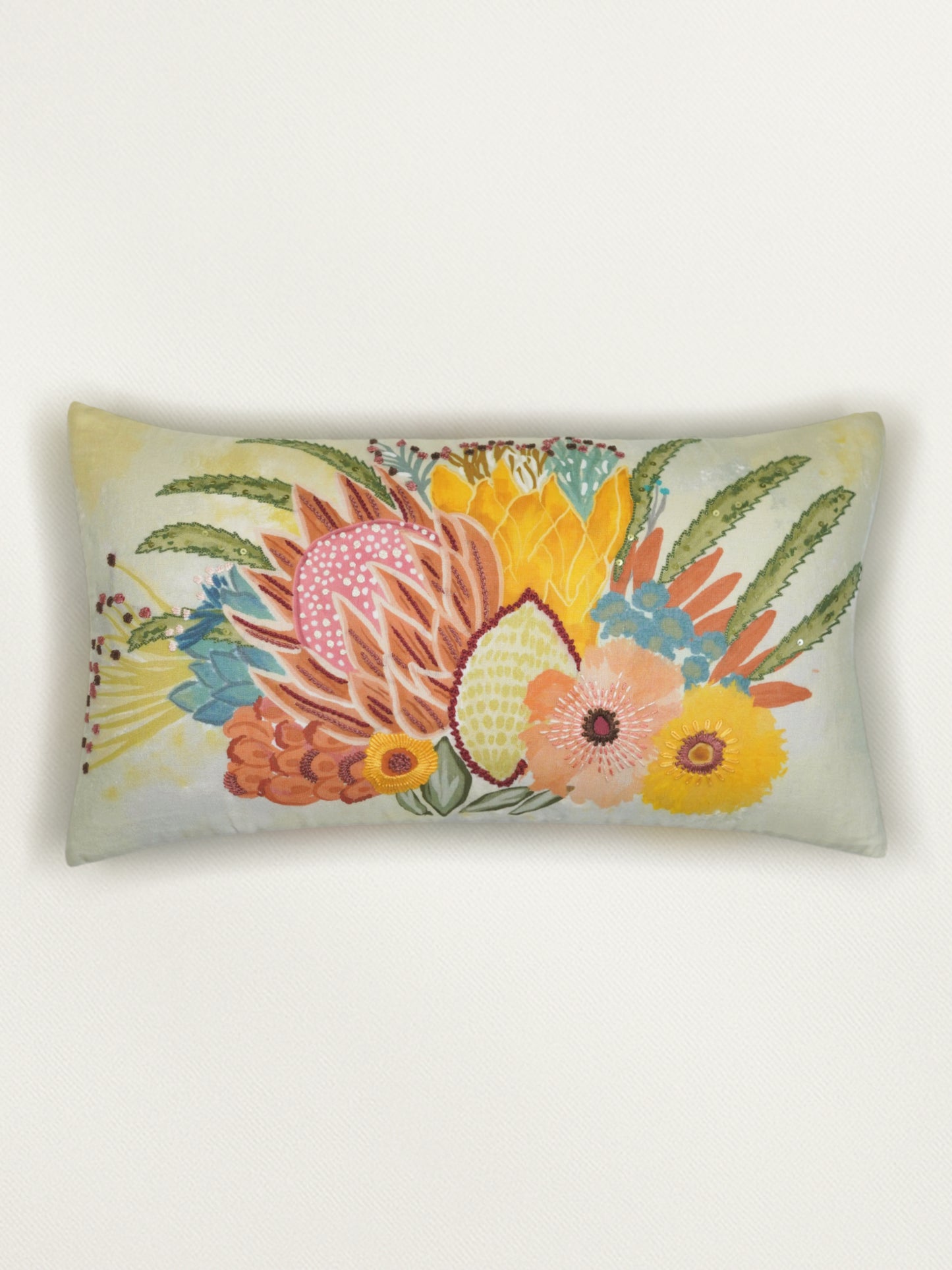 White Linen Cushion Cover – Hand embroidery and digital print, 12x22 inch Set of 1