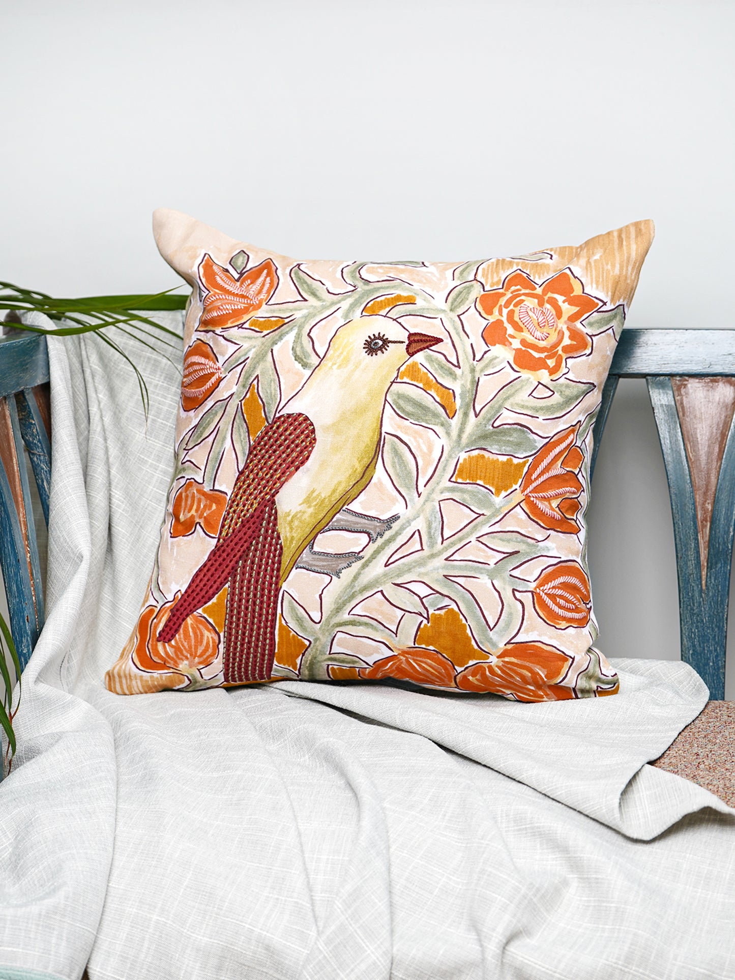 Polyester Blend Green Cushion Cover –digital print +  Hand Embroidered 16x16 inch Set of 1