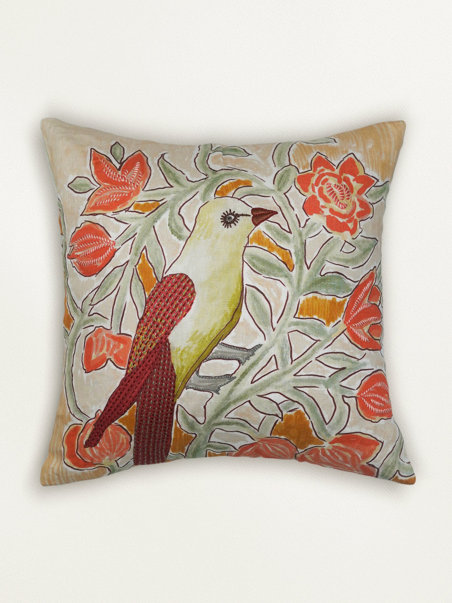 Polyester Blend Green Cushion Cover –digital print +  Hand Embroidered 16x16 inch Set of 1