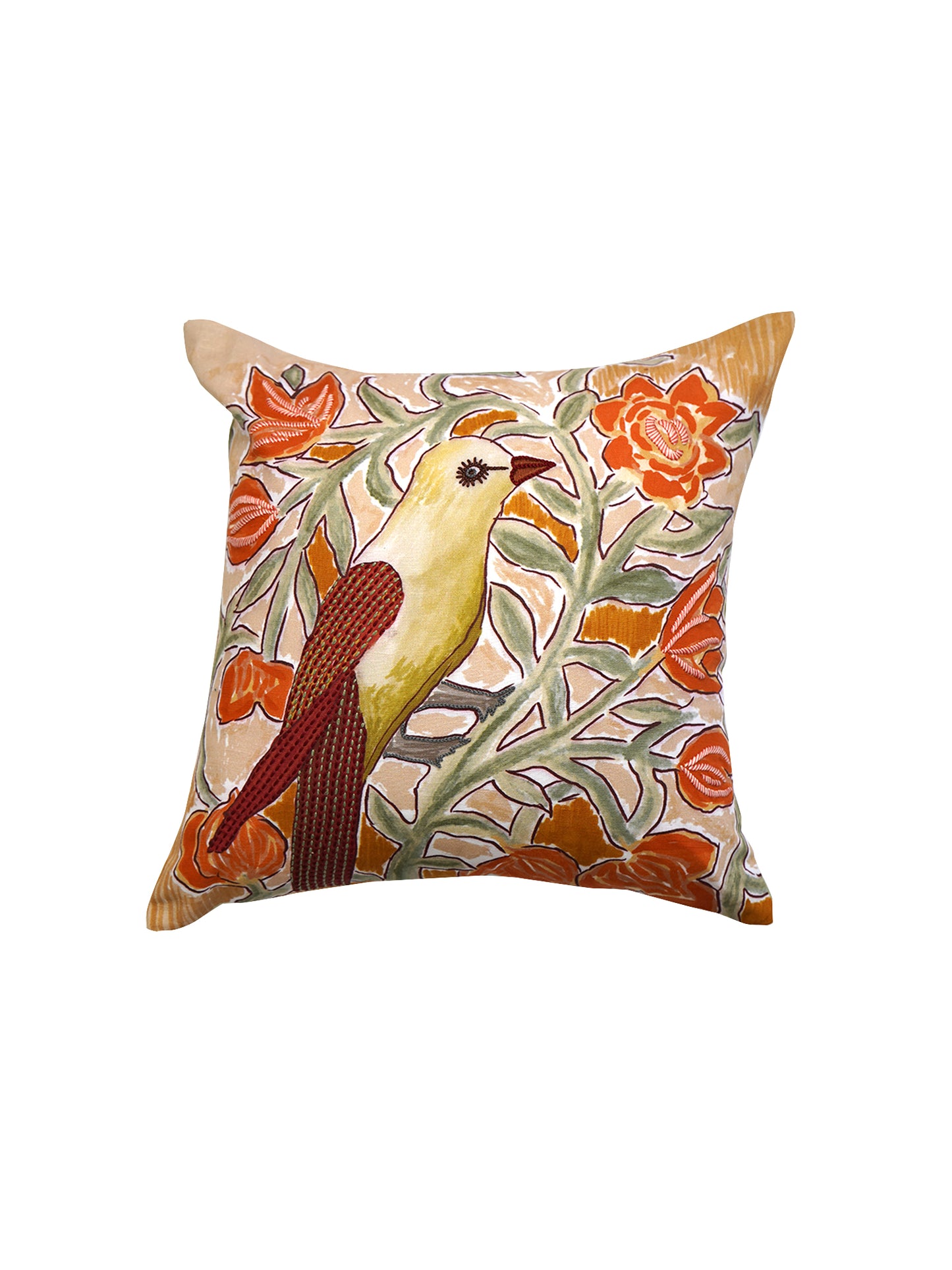 Polyester Blend Green Cushion Cover –digital print +  Hand Embroidered 16x16 inch Set of 1