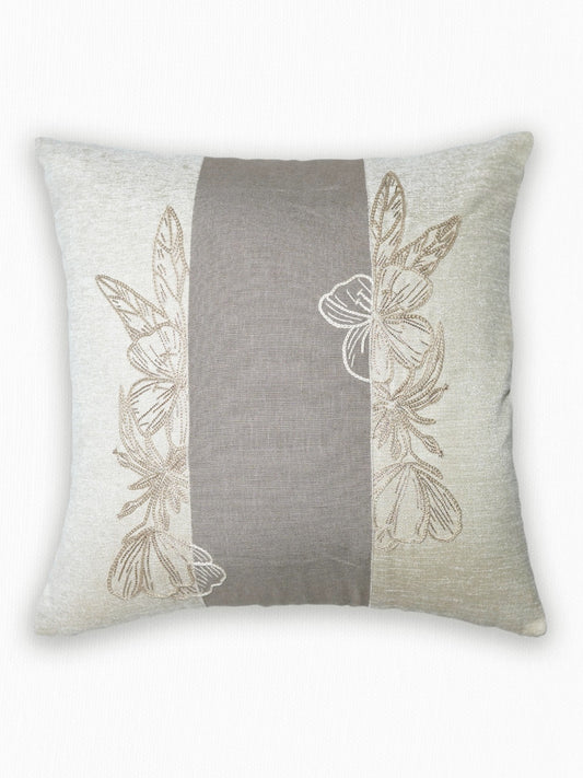Floral Embroidered Patchwork Cushion Cover 16 Inch x 16 Inch | Beige