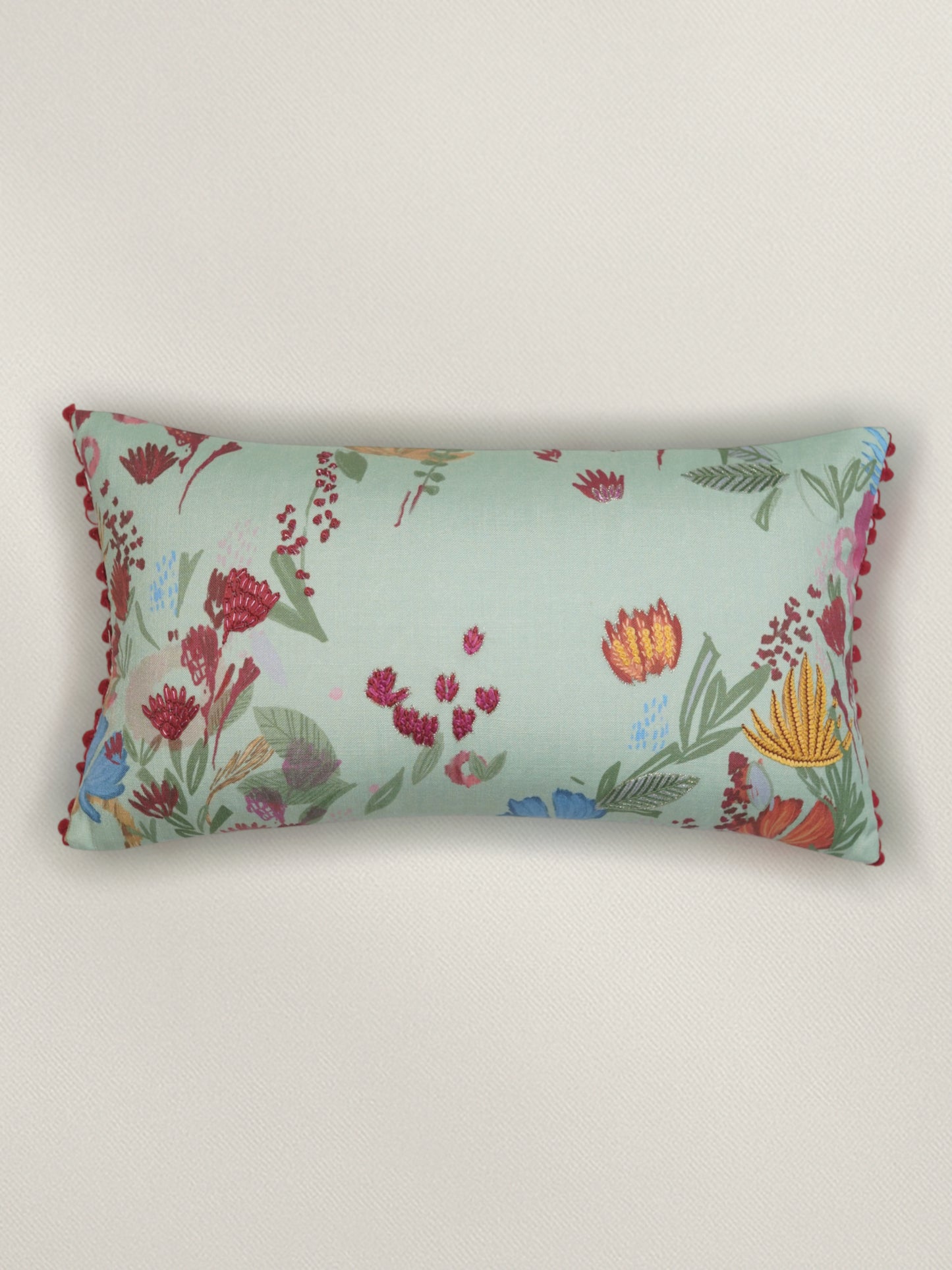 Floral Embroidered Cushion Cover 12 Inch x 22 Inch | Green