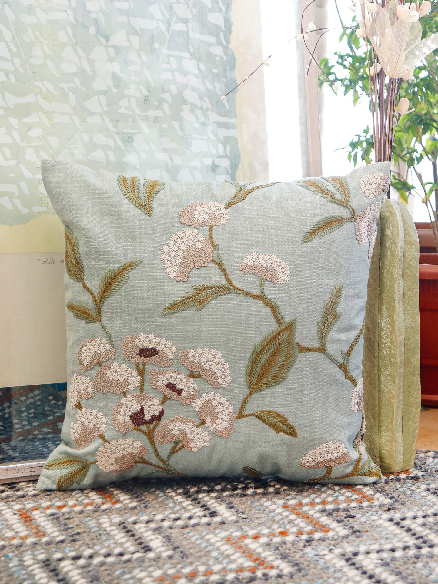 Hand Embroidered Luxe Collection Cushion Cover | Tree Leave Embroidery Green - 16x16 Inches