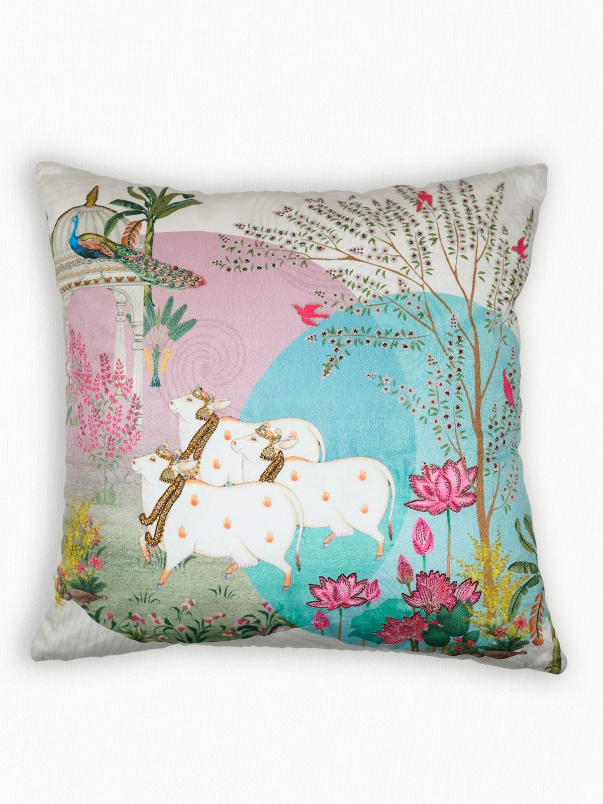 Hand Embroidered Pichwai Cushion Cover with Digital Print | Embellished Velvet 20x20 Inches
