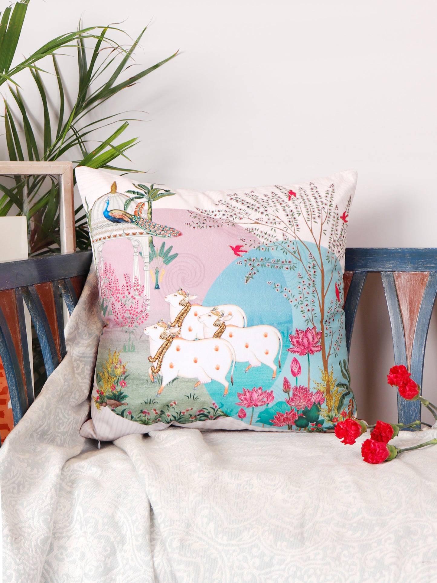 Hand Embroidered Pichwai Cushion Cover with Digital Print | Embellished Velvet 20x20 Inches
