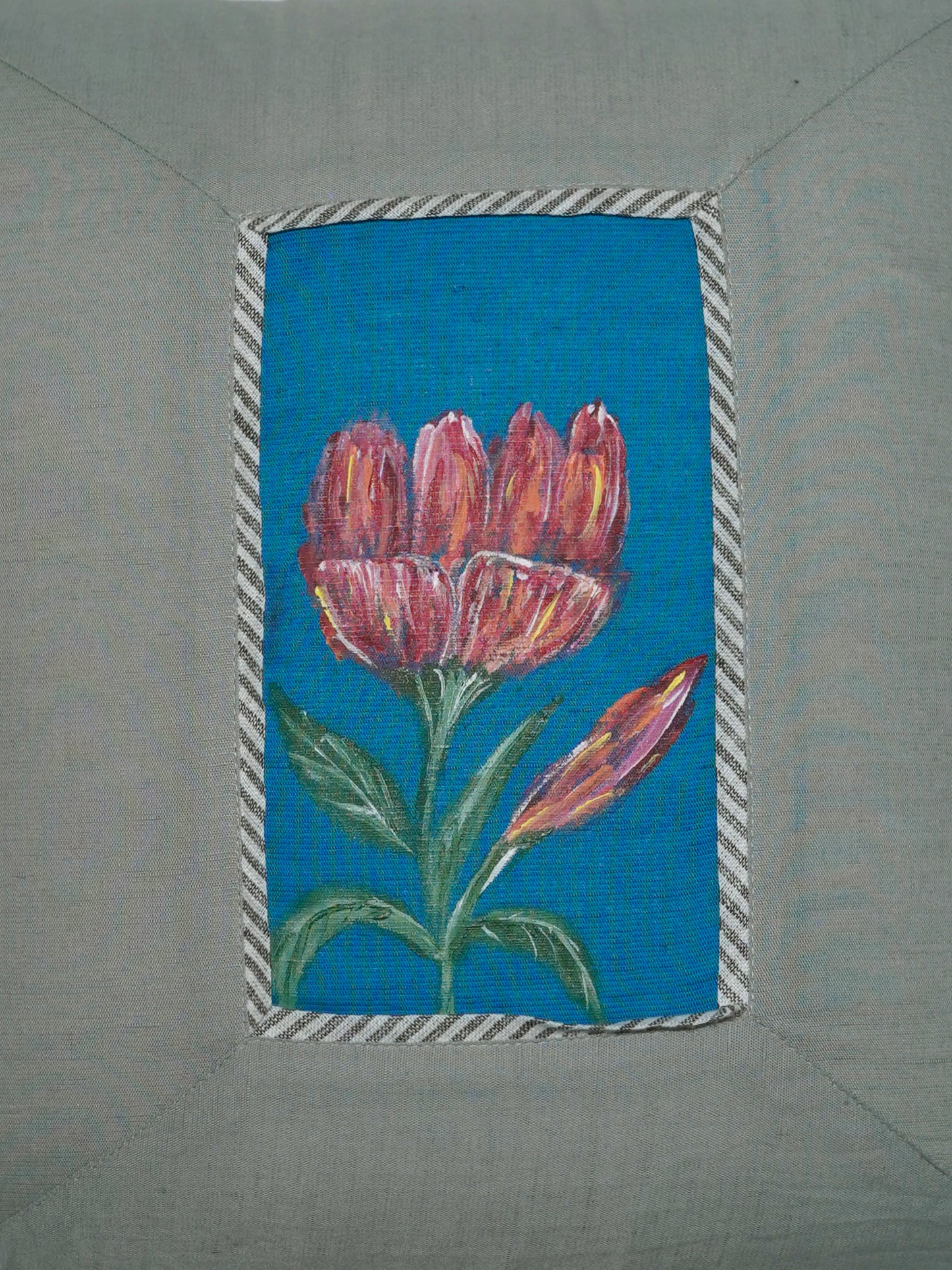 Multicolor Linen Cushion Cover- Hand Painted Design with Patchwork & Piping – 16x16 inches, set of 1