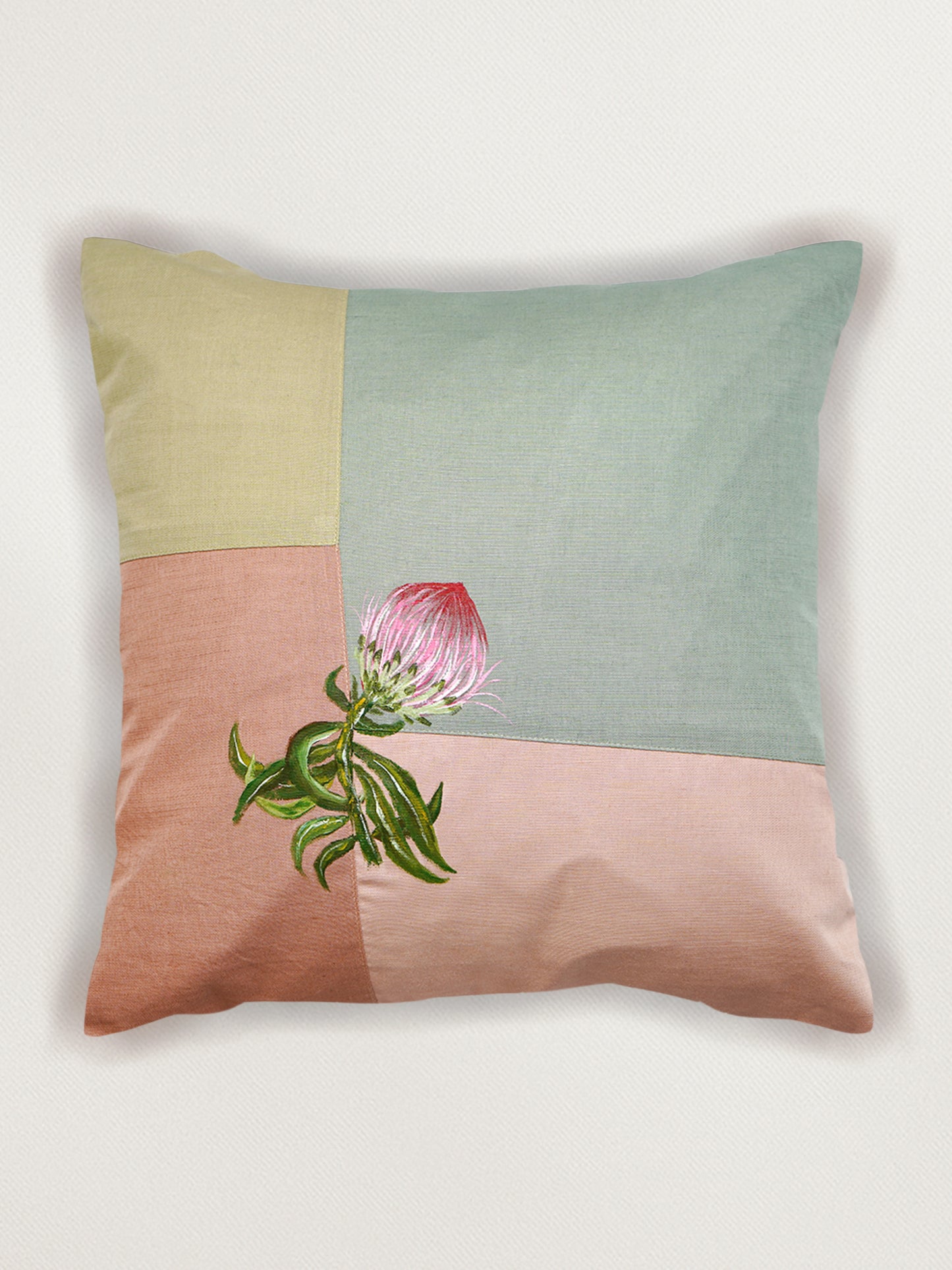 Multicolor Linen Cushion Cover-Patchwork with Hand Painted Design |16x16 inches, set of 1