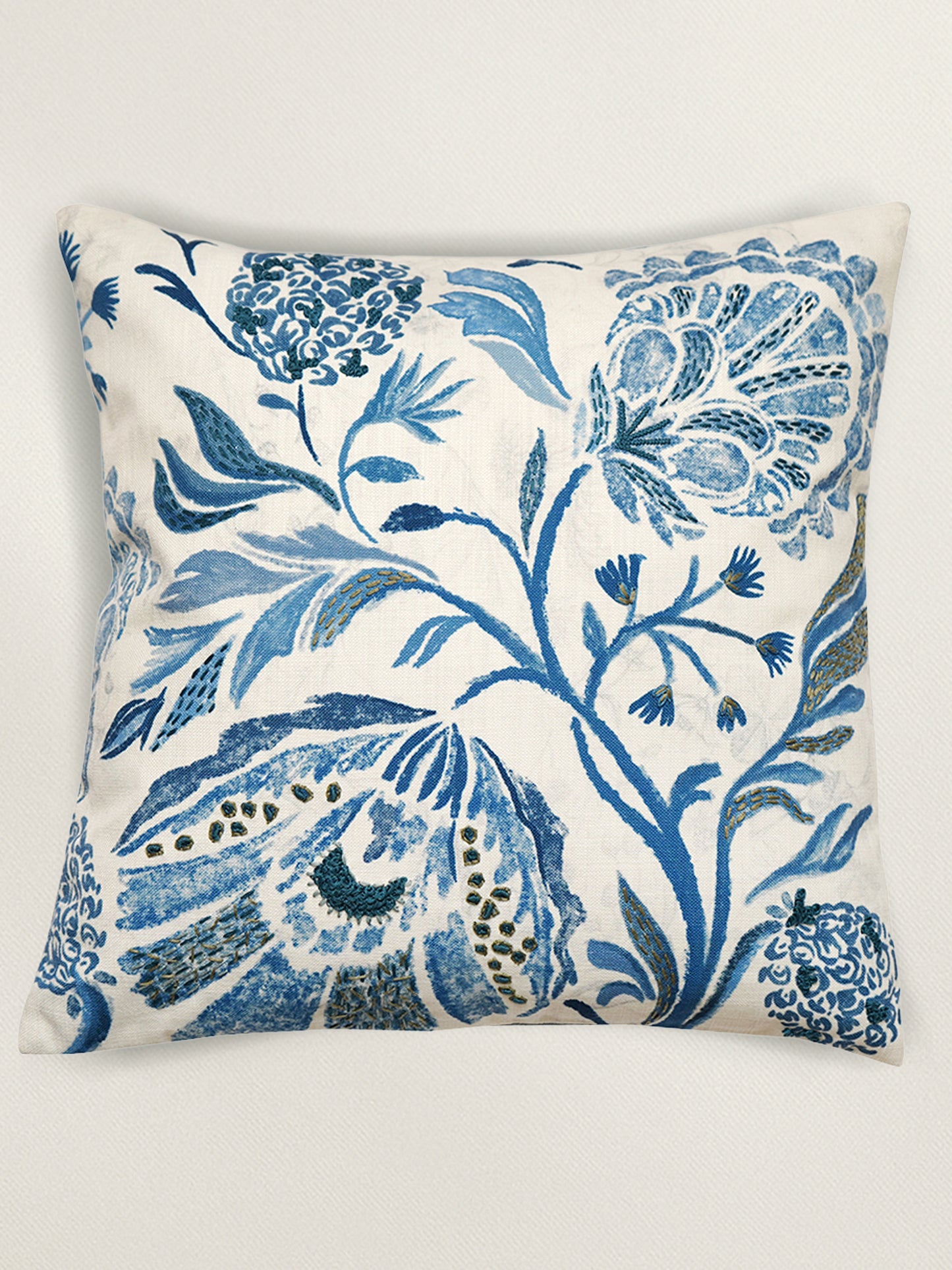 Polyester Blend Cushion Cover- Digital and Hand Embroidered|Blue|16x16 inch,set of 1