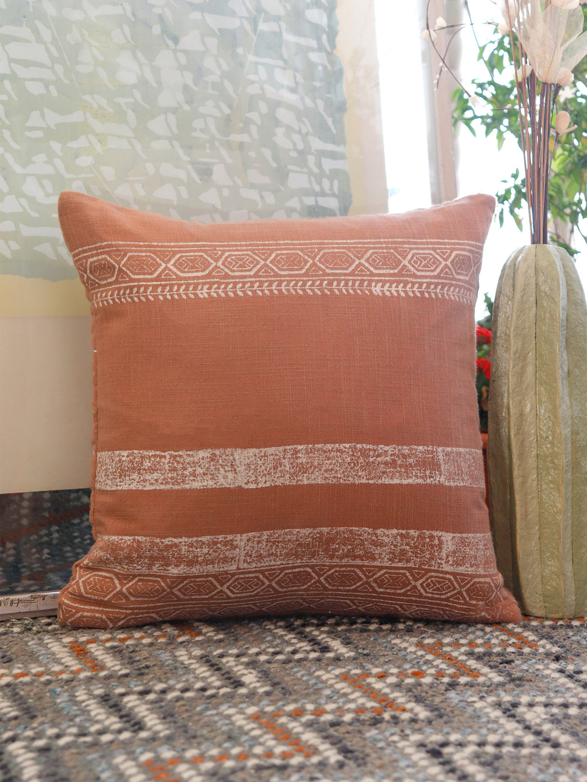 Block Printed Luxe Collection Cushoin Covers with Flange Border | Beige - 16x16, 18x18, 20x20, 12x22 inches (Set of 6)