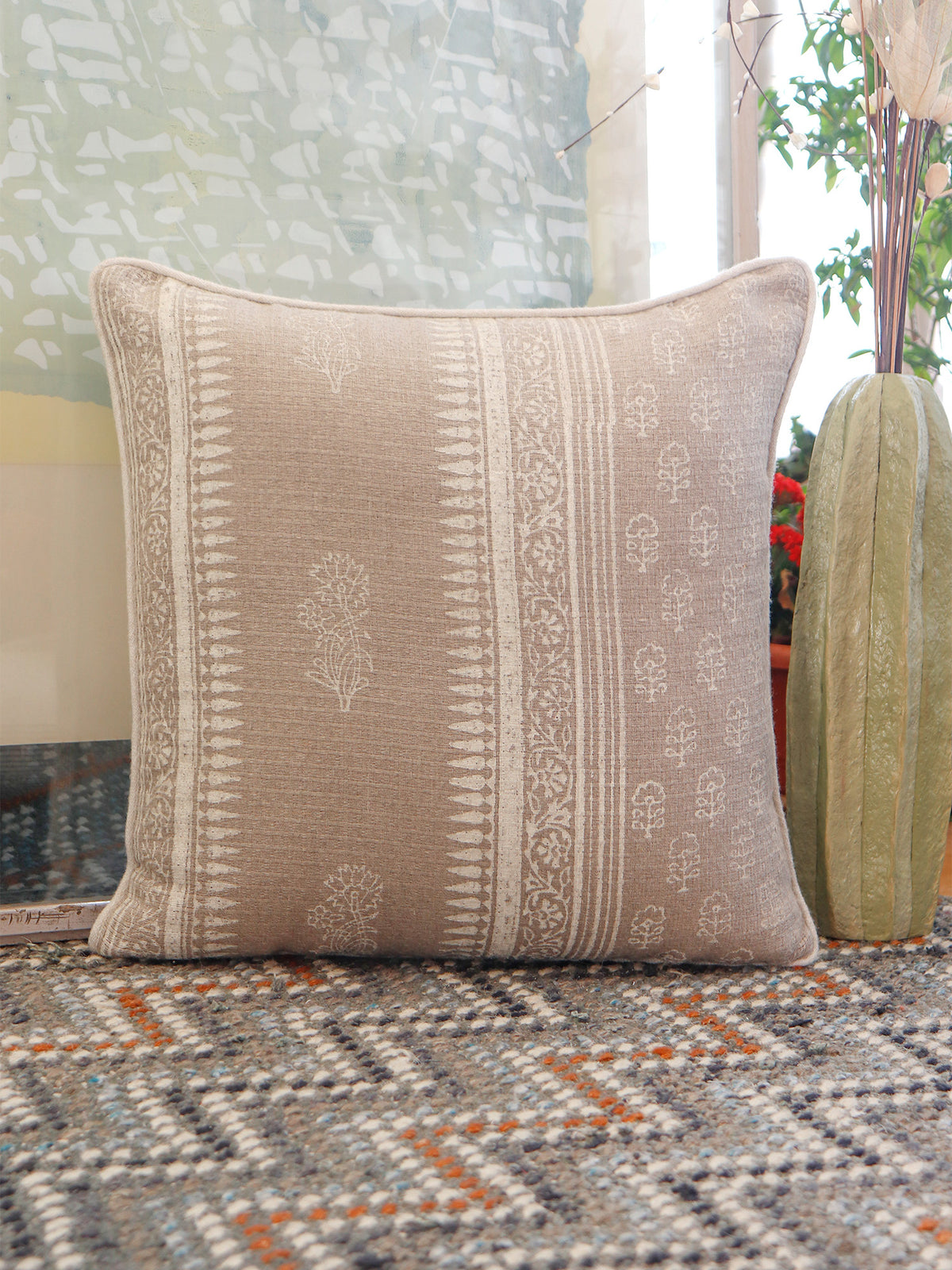 Block Printed Luxe Collection Cushoin Covers with Flange Border | Beige - 16x16, 18x18, 20x20, 12x22 inches (Set of 6)