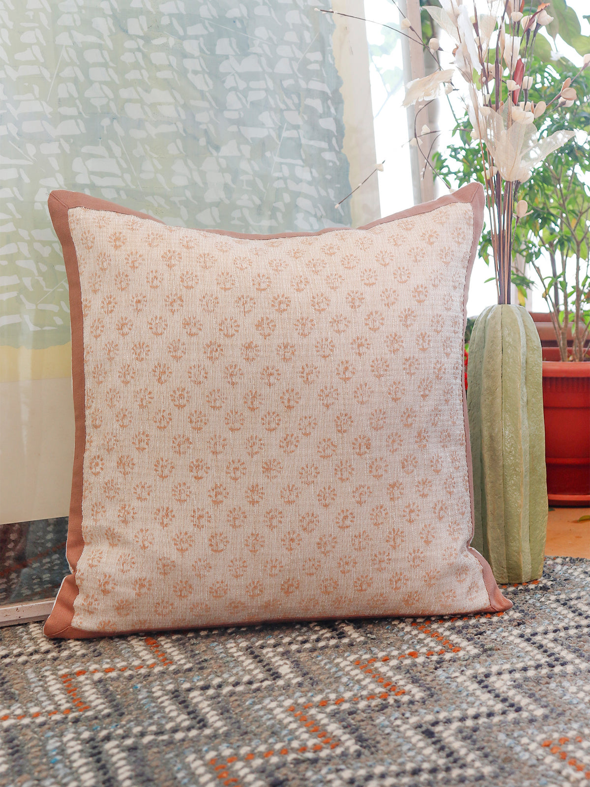 Block Printed Luxe Collection Cushoin Covers with Flange Border | Beige - 16x16, 18x18, 20x20, 12x22 inches (Set of 6)