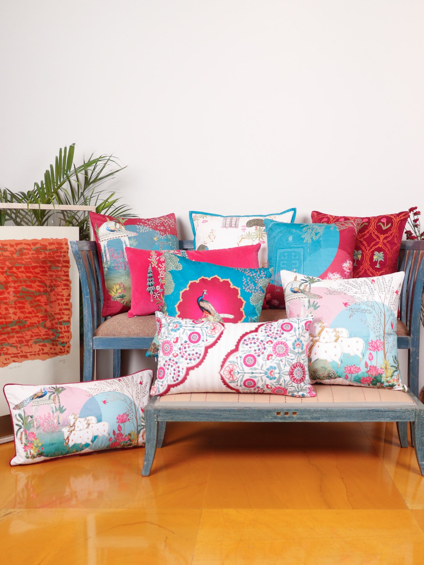 Pichwai Collection of Hand Embroidered Cushion Covers | Multicolor, Velvet (Set of 9)