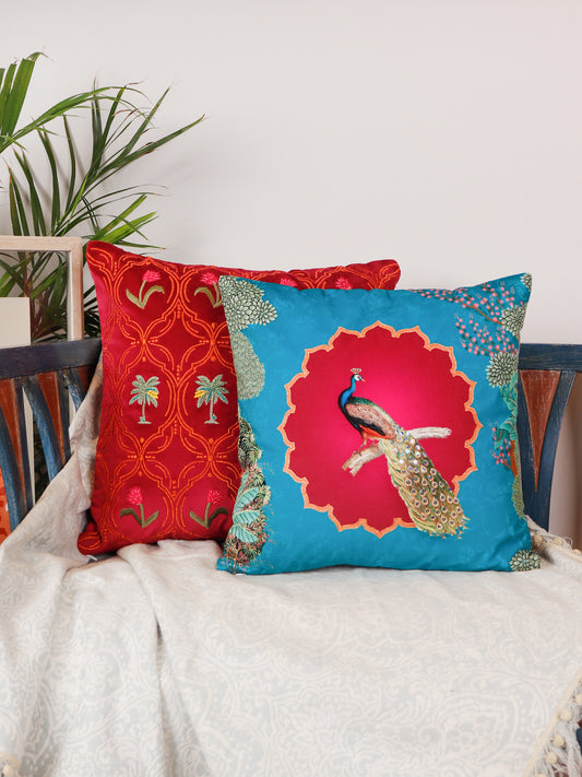 Pichwai Collection of Hand Embroidered Cushion Covers | Palm Tree Peacock Multicolor, Velvet 16 inches X 16 inches, 18 inches X 18 inches (Set of 2)