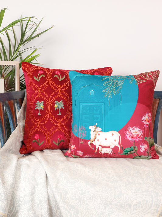 Pichwai Collection of Hand Embroidered Cushion Covers | Multicolor, Velvet 16 inches X 16 inches, 18 inches X 18 inches (Set of 2)