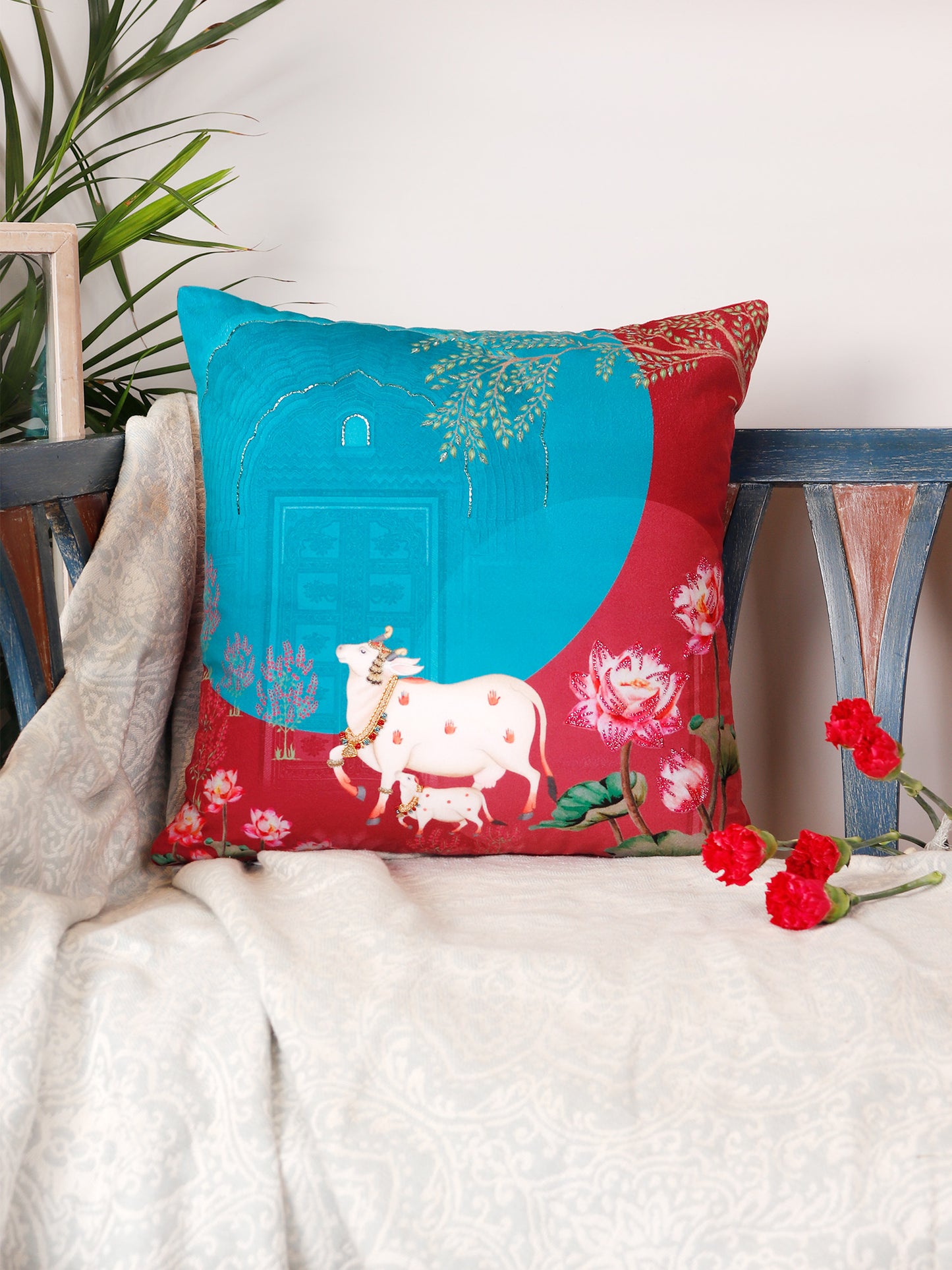 Pichwai Collection of Hand Embroidered Cushion Covers | Multicolor, Velvet 16 inches X 16 inches, 18 inches X 18 inches (Set of 2)