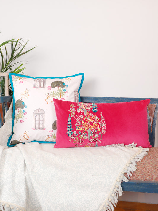 Pichwai Collection of Hand Embroidered Cushion Covers | Multicolor, Velvet 18 inches X 18 inches, 12 inches X 22 inches (Set of 2)