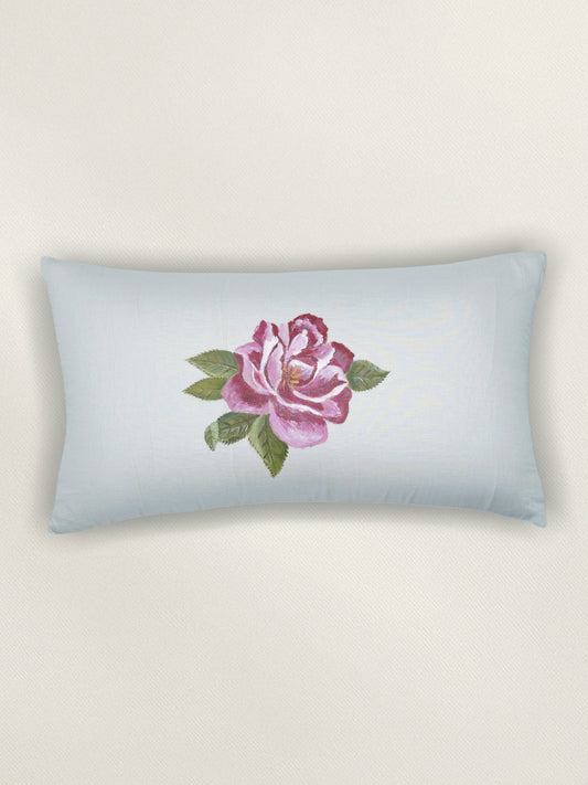 Linen Light Blue Cushion Cover- Hand Painted, 12x22 inches, Set of 1