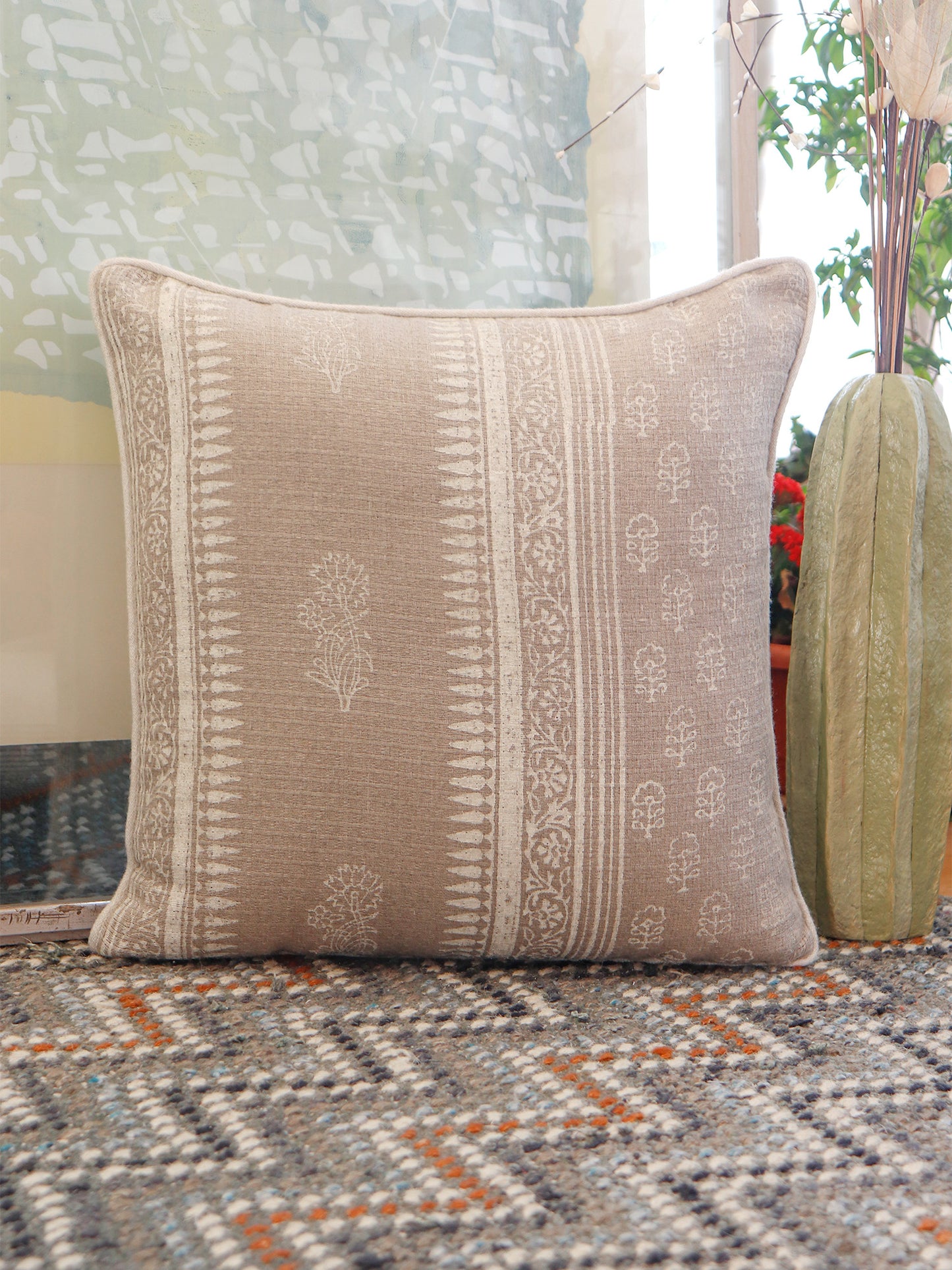Block Print Cushion Cover with Piping | Cotton | Brown | 16 Inch x 16 Inch | Decorative Throw Pillow | Sofa
