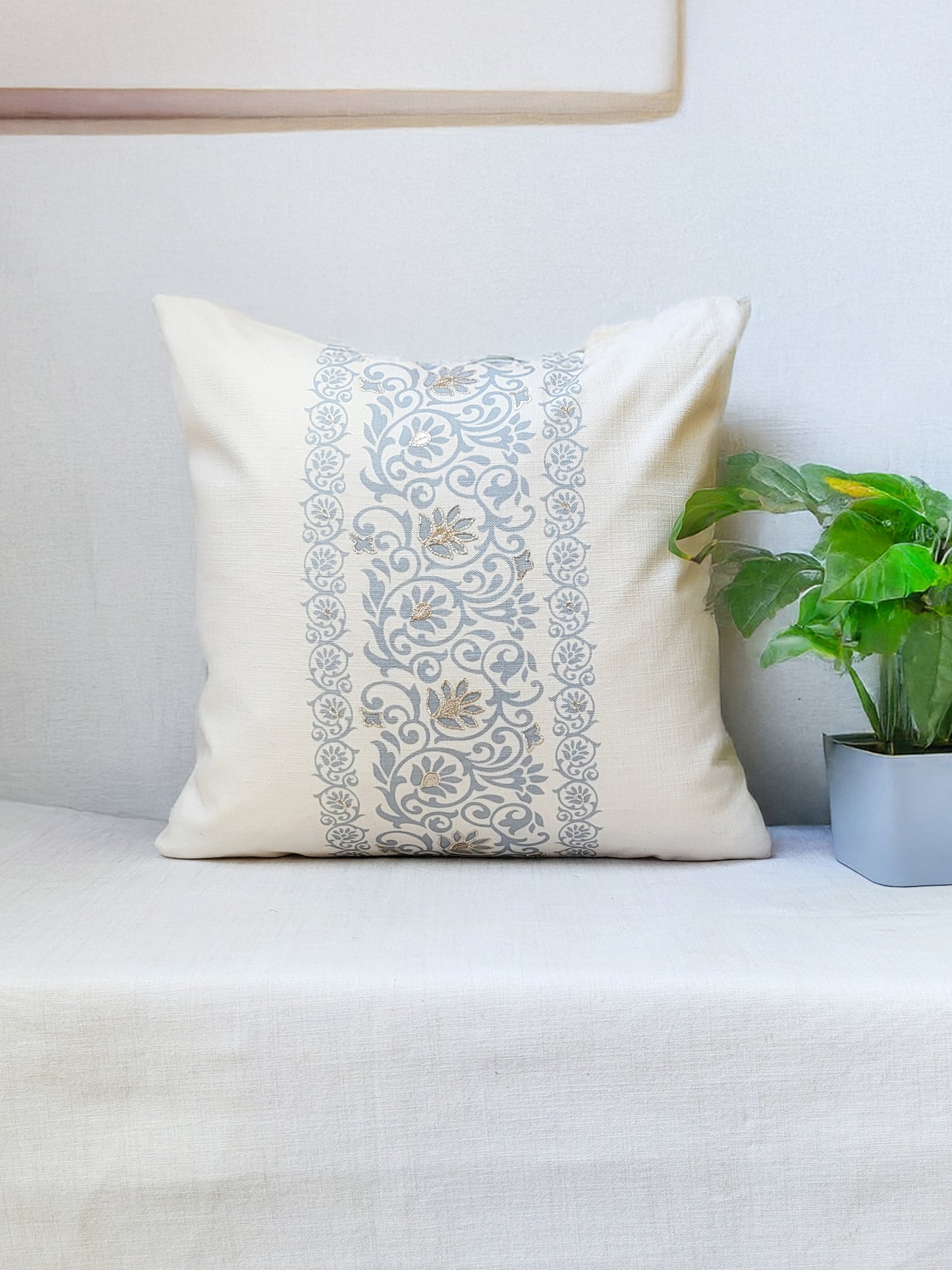 Polyester Blend Cushion Cover - Off White with Digital & Hand Work and Lace, 16x16 inches, Set of 1