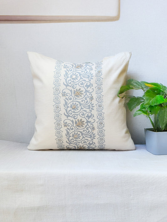 Polyester Blend Cushion Cover - Off White with Digital & Hand Work and Lace, 16x16 inches, Set of 1