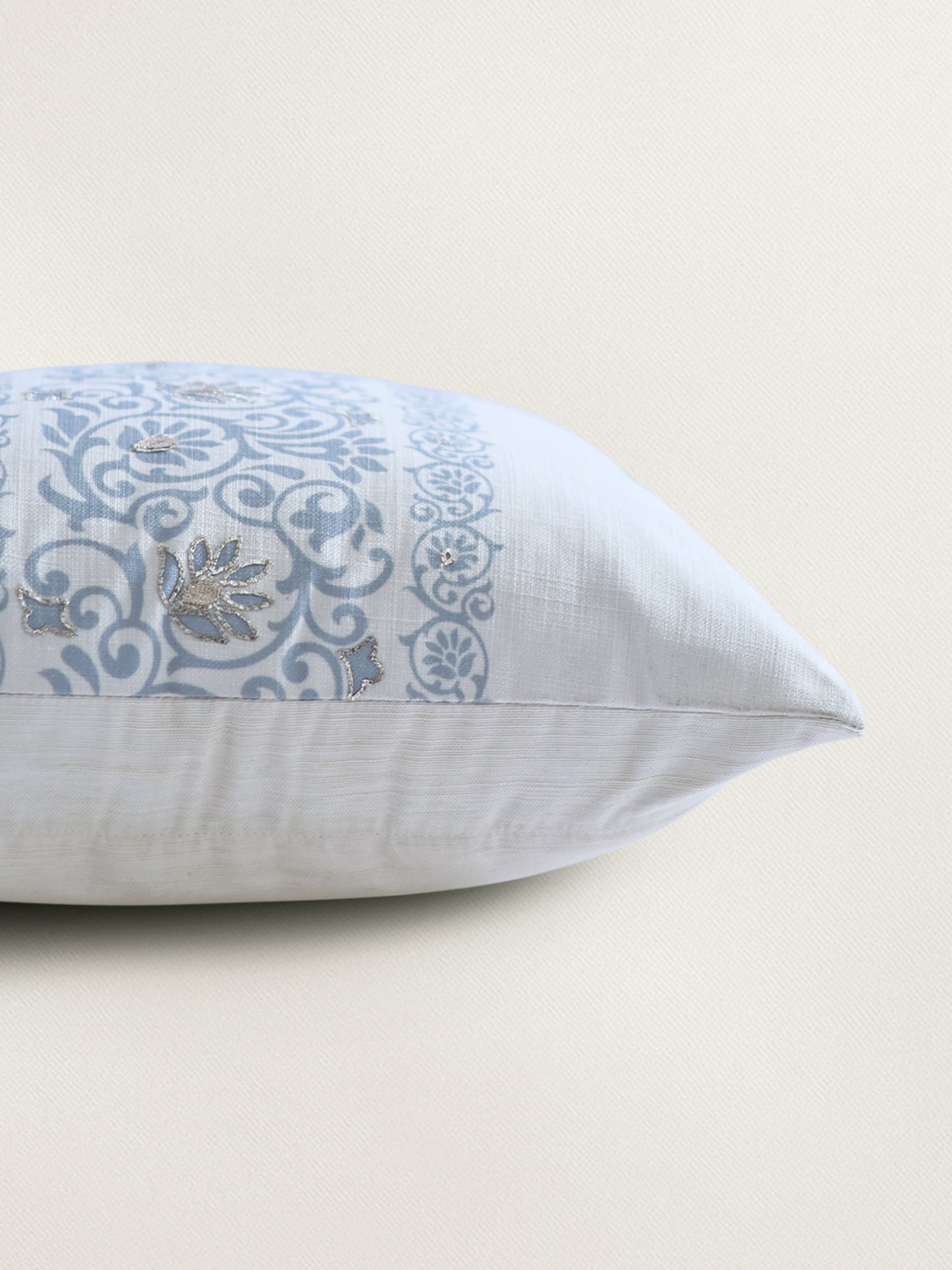 Polyester Blend Cushion Cover - Off White with Digital & Hand Work and Lace, 16x16 inches, Set of 1