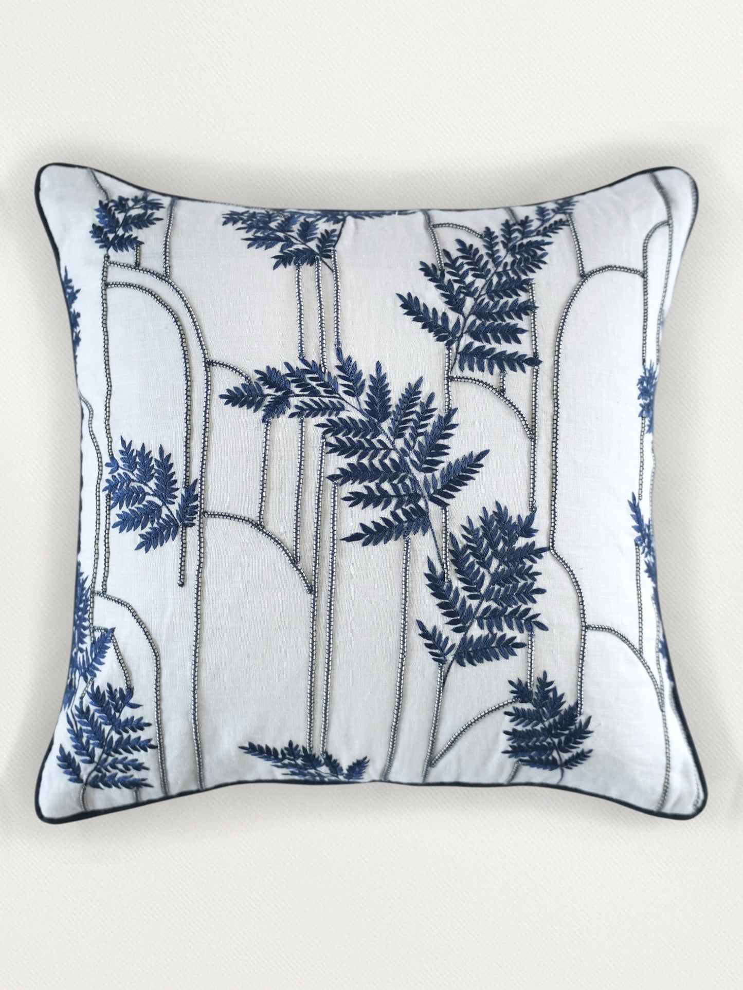 Embroidered Cushion Cover 16 Inch x 16 Inch | Blue | Linen
