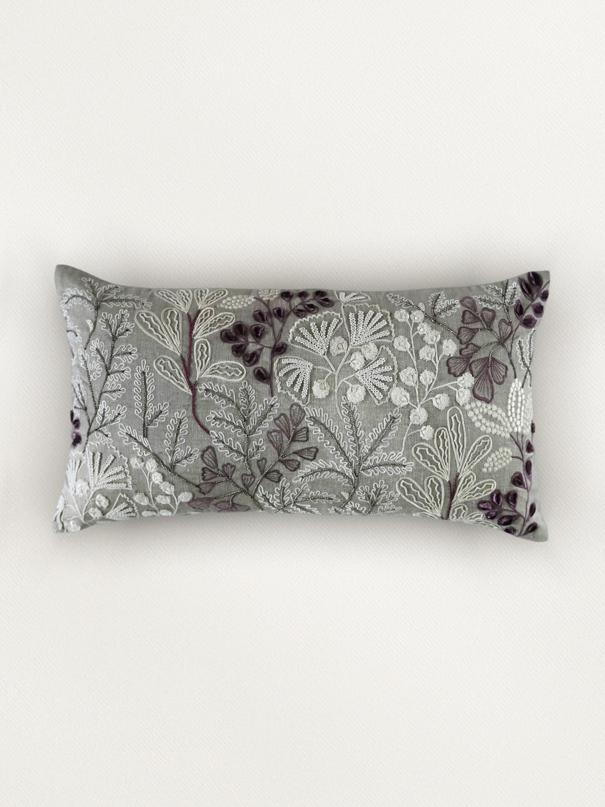 Floral Embroidered Grey Cushion Cover 16 Inch x 16 Inch | Linen