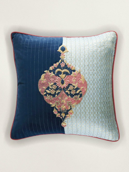 Hand Embroidered Cushion Cover 16 Inch x 16 Inch | Velvet | Blue & Red