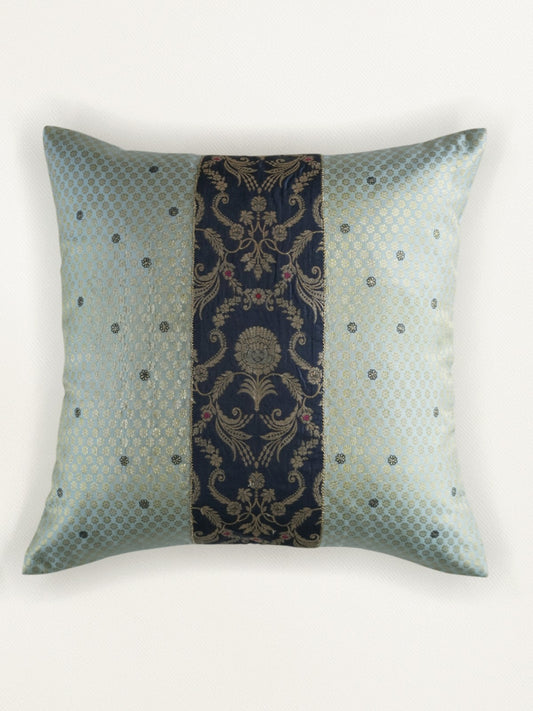 Hand Embroidered Brocade Cushion Cover 18 Inch x 18 Inch | Blue