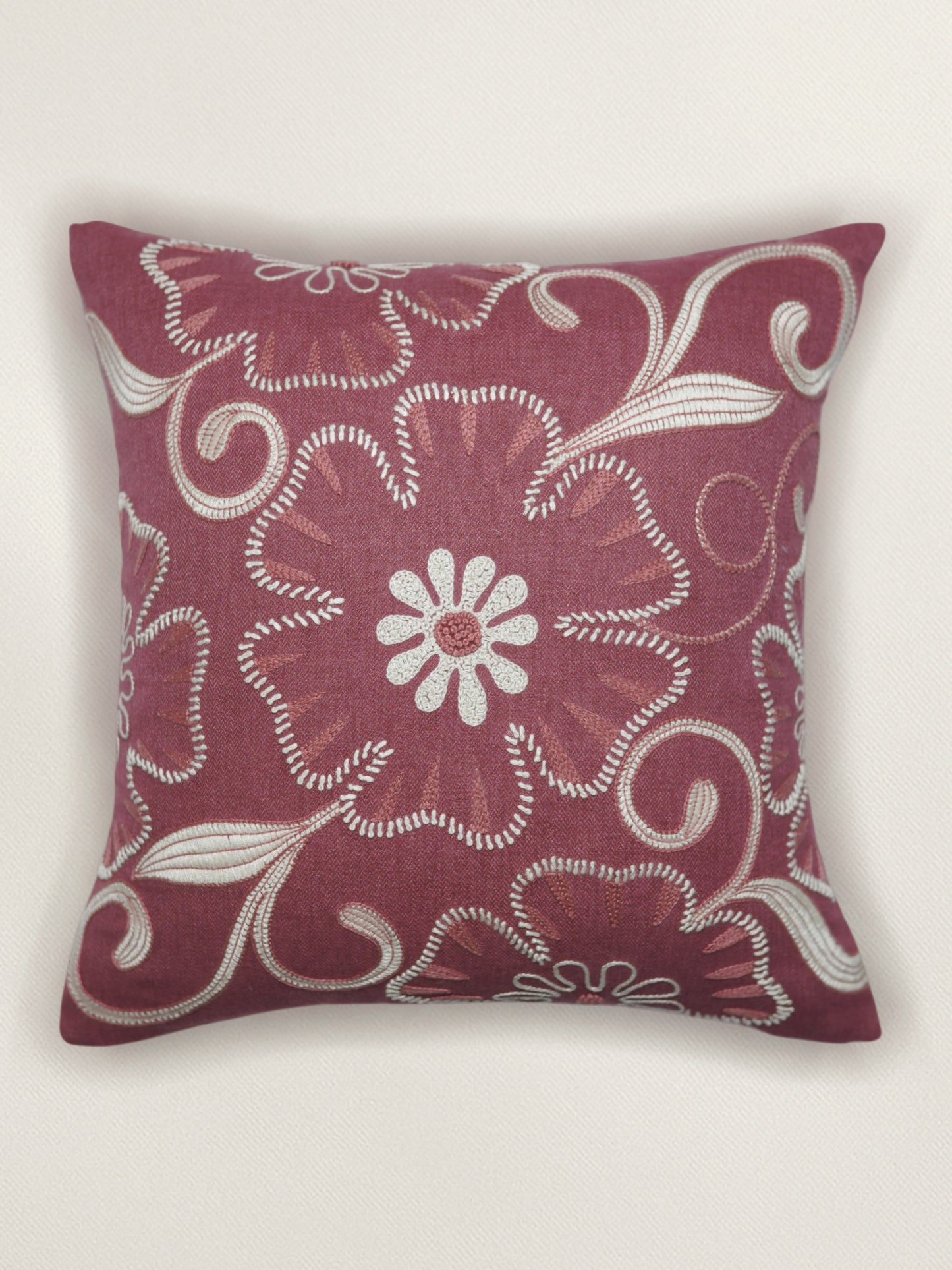 Floral Embroidered Cushion Cover 16 Inch x 16 Inch | Maroon