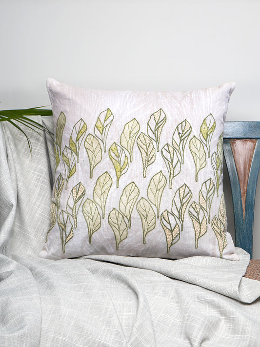White Linen Cushion Cover with Hand Embroidery, 16x16inches, Set of 1