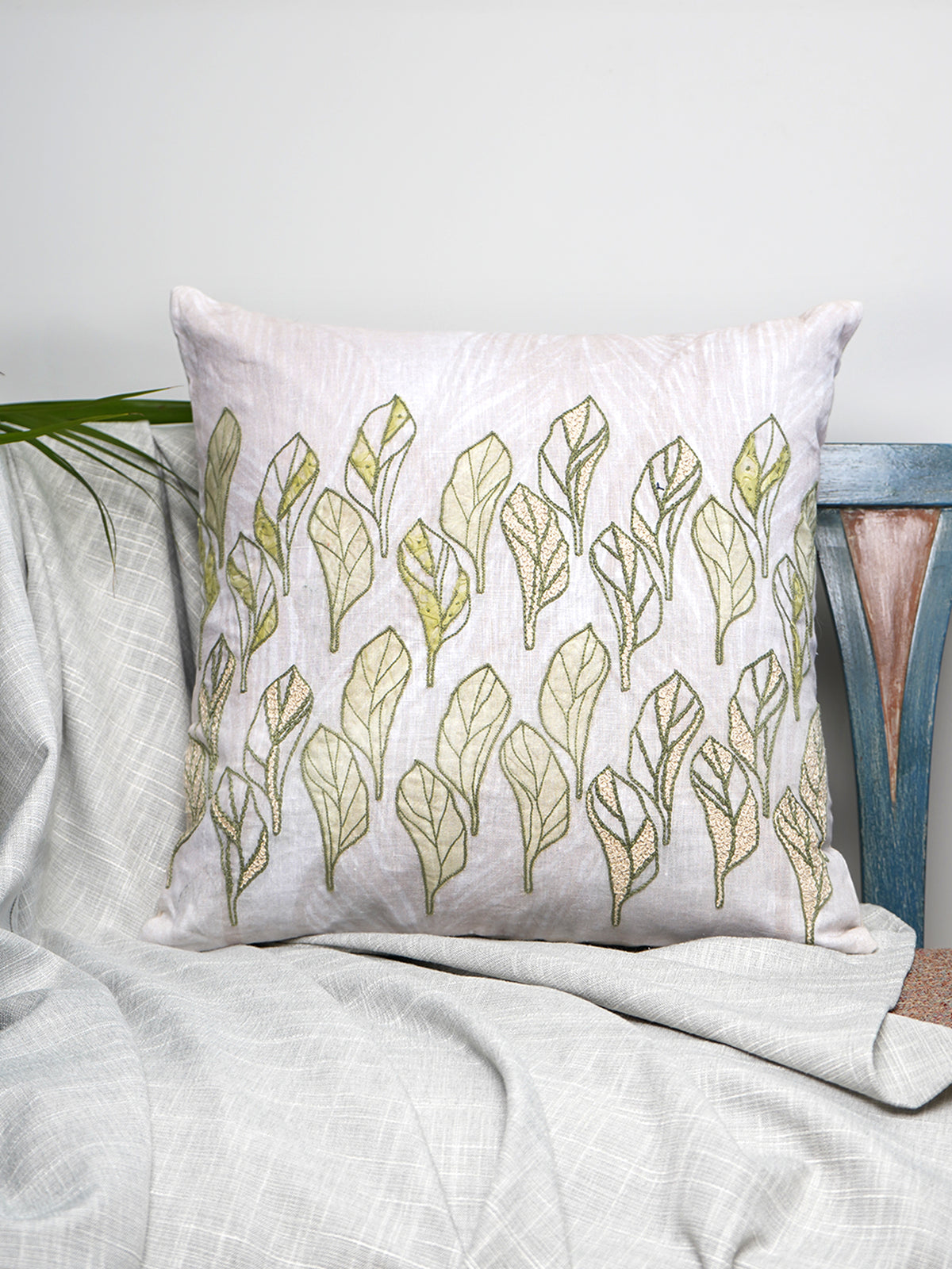 White Linen Cushion Cover with Hand Embroidery, 16x16inches, Set of 1