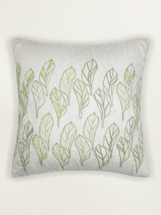 White Linen Cushion Cover with Hand Embroidery, 16x16inches, Set of 1