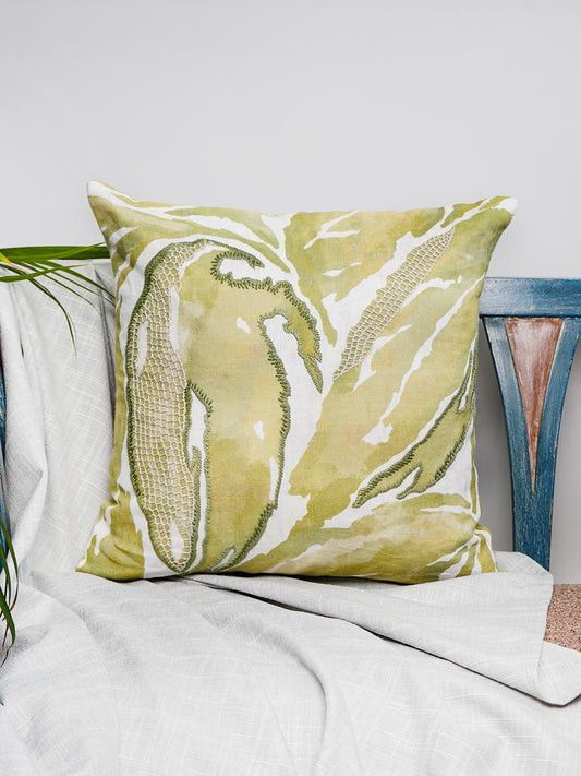 White Linen Cushion Cover -Hand and digital print, 16x16 inches, Set of 1
