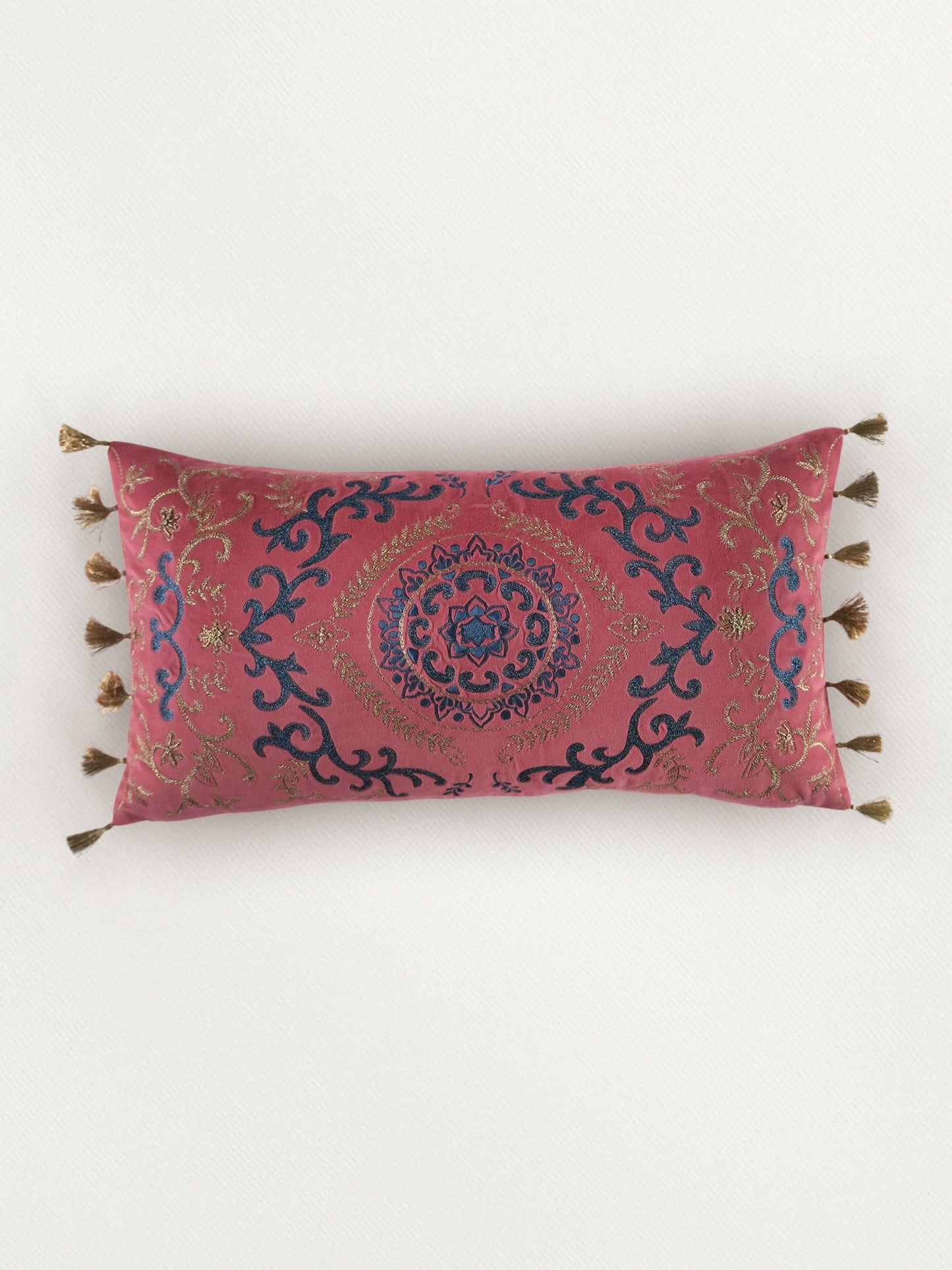 Hand Embroidered Cushion Cover 12 Inch x 22 Inch | Red | Velvet