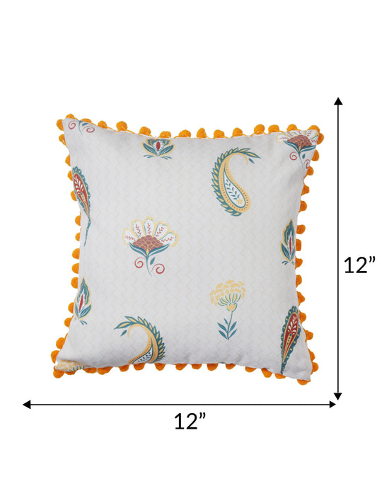 Cushion Cover for Sofa, Bed | PolyCanvas with Floral Prints & Pompoms | Off White - 12x12in(30x30cm) (Pack of 1)