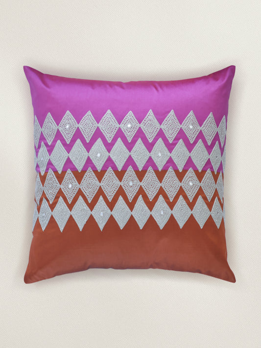 Embroidered Taffeta Patchwork Cushion Cover 16 Inch  x 16 Inch | Pink & Brown