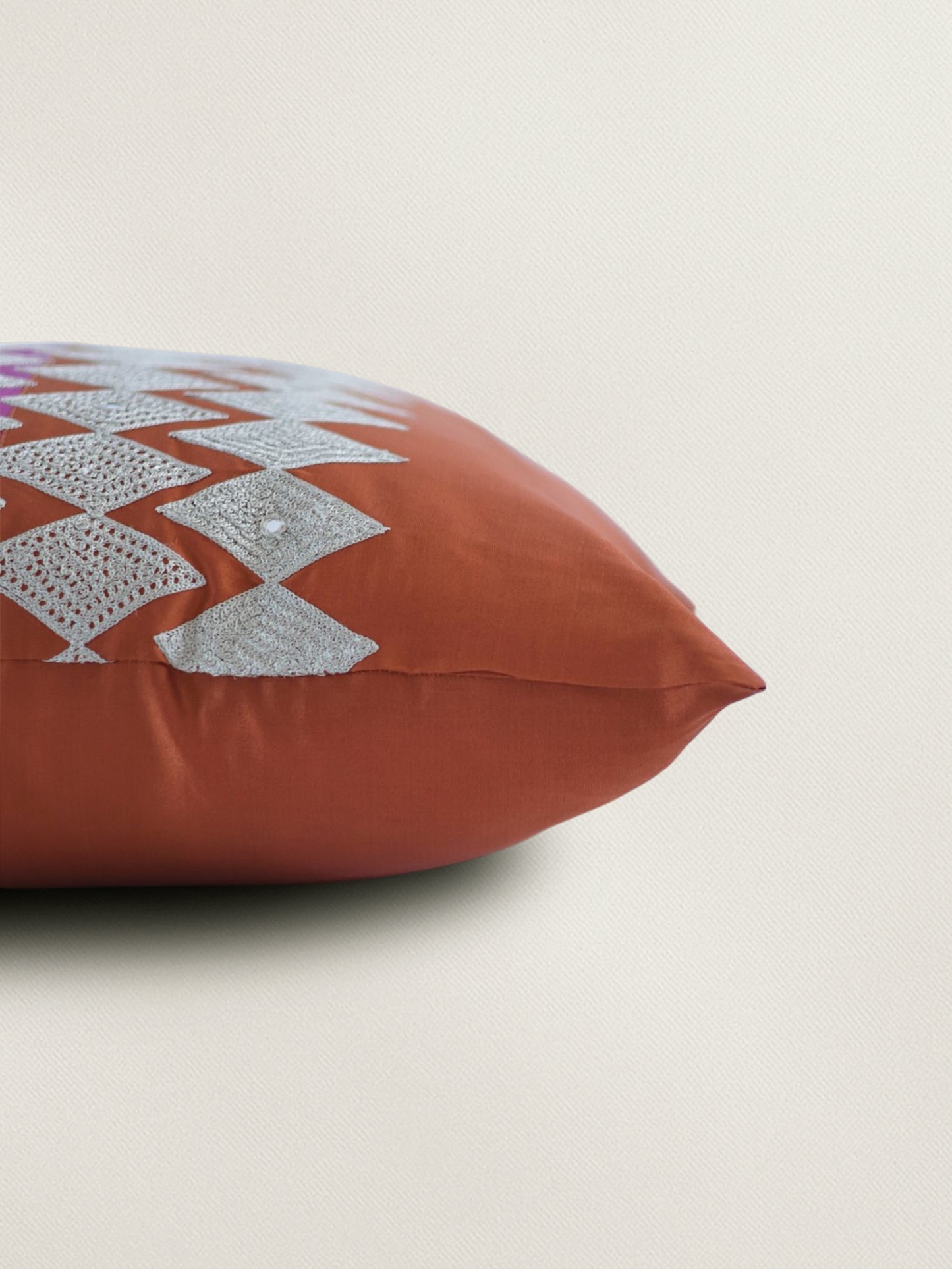 Embroidered Taffeta Patchwork Cushion Cover 16 Inch  x 16 Inch | Pink & Brown