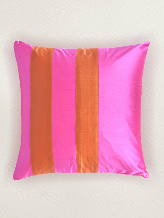 Taffeta Patchwork Cushion Cover 16x16 Inch, Pink & Orange