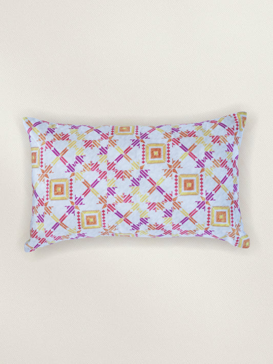 Hand Embroidered Velvet cushion cover 12x20inch, Printed, Pink & Yellow
